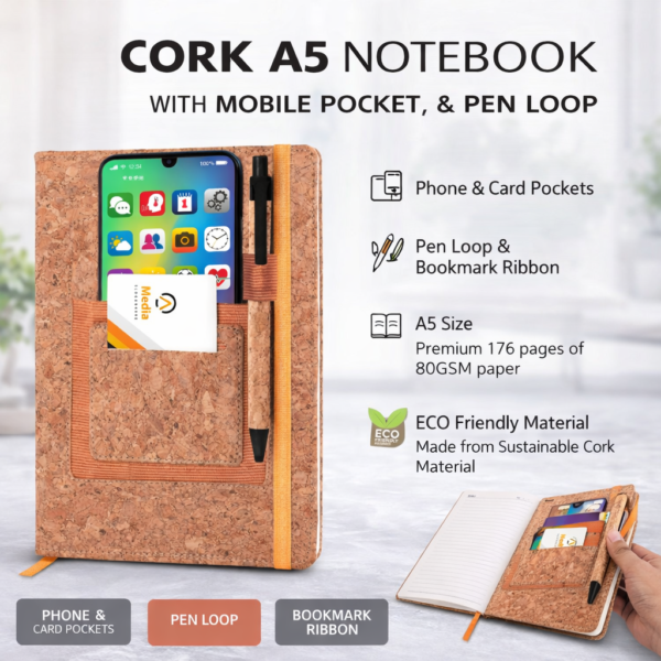 Cork A5 Notebook with Mobile Pocket | Card Holder | Pen Loop | Eco-Friendly Premium Notebook