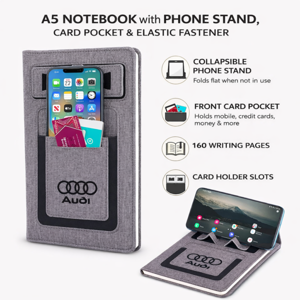 A5 Notebook with Phone Stand | Card Pocket | Mobile Holder | Elastic Closure