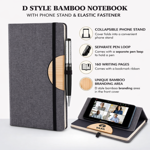 D Style Bamboo Notebook with Phone Stand | Elastic Fastener | Premium Eco-Friendly A5 Notebook