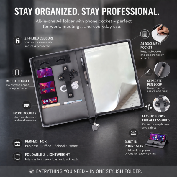 A4 Multipurpose Zipper Folder with Writing Pad | Phone Pocket | Organizer Portfolio