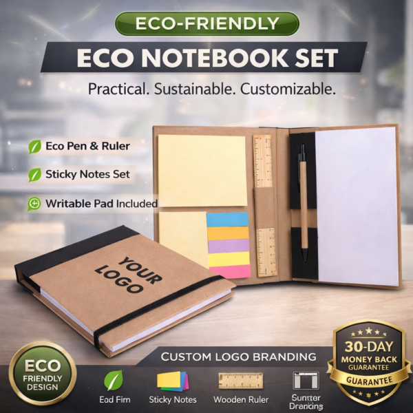 ChatGPT Image Mar 30, 2026, 01_23_04 PM Eco Notebook Set with Pen, Wooden Ruler & Sticky Notes | Customizable Sustainable Notepad