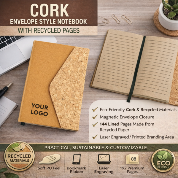 Cork Magnetic Envelope Notebook | Eco-Friendly Recycled Pages | Premium Customizable Journal