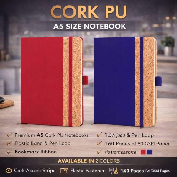 A5 PU Cork Notebook with Elastic Fastener | Premium Hardbound Journal with 160 Pages & Pen Loop