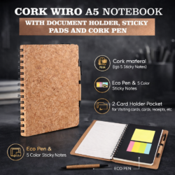 Cork Wiro A5 Notebook with Document Holder | Sticky Notes & Eco Cork Pen Included