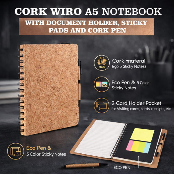 Cork Wiro A5 Notebook with Document Holder | Sticky Notes & Eco Cork Pen Included