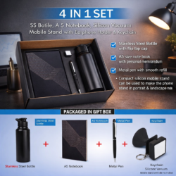 4-in-1 Corporate Gift Set | Stainless Steel Bottle, A5 Notebook, Metal Pen & Silicone Mobile Stand with Keychain