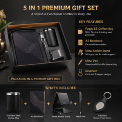 5-in-1 Premium Gift Set | Stainless Steel Coffee Mug, A5 Notebook, Metal Mobile Stand, Metal Pen & Keychain