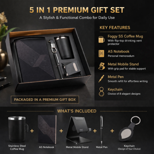 ChatGPT Image Mar 31, 2026, 03_34_18 PM 5-in-1 Premium Gift Set | Stainless Steel Coffee Mug, A5 Notebook, Metal Mobile Stand, Metal Pen & Keychain