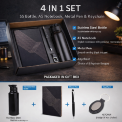4-in-1 Corporate Gift Set | Stainless Steel Bottle, A5 Notebook, Metal Pen & Premium Keychain