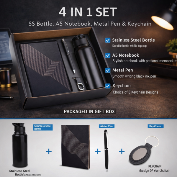 ChatGPT Image Mar 31, 2026, 03_49_52 PM 4-in-1 Corporate Gift Set | Stainless Steel Bottle, A5 Notebook, Metal Pen & Premium Keychain