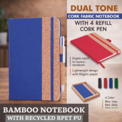 Dual Tone Cork Fabric Notebook with Elastic Fastener & 4 Refill Cork Pen | Eco-Friendly A5 Notebook (160 Pages, 80 GS