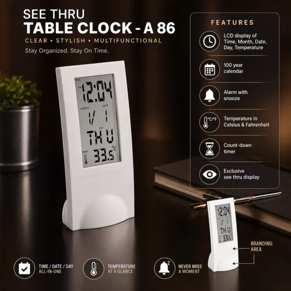 See-Through Digital Table Clock with Alarm, Temperature Display & Calendar – A86