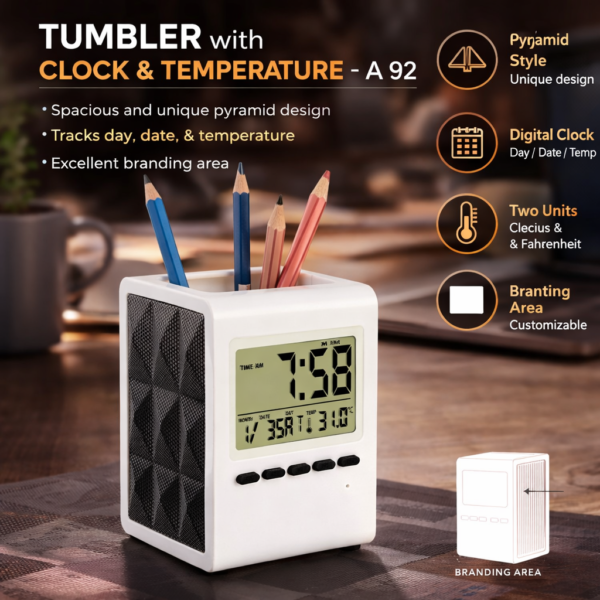 Pyramid Desk Organizer with Digital Clock & Temperature Display | Multi-Utility Pen Stand with Branding Area