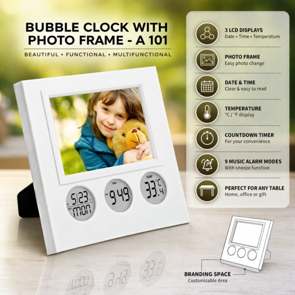 Bubble Digital Clock with Photo Frame, Alarm, Temperature Display & Timer – A101