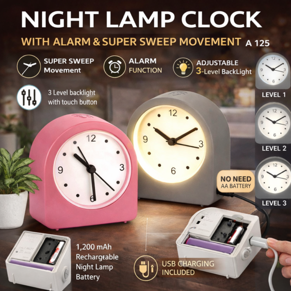 Night Lamp Table Clock with Alarm & 3-Level Touch Backlight – Rechargeable (A125)