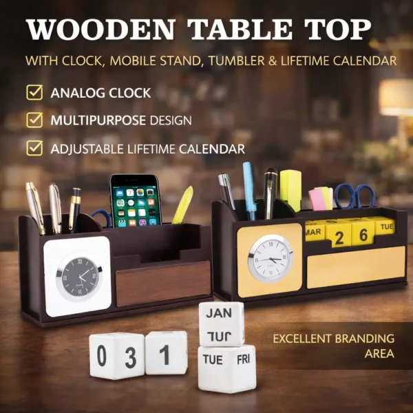 Premium Wooden Table Top Organizer with Clock, Mobile Stand & Lifetime Calendar