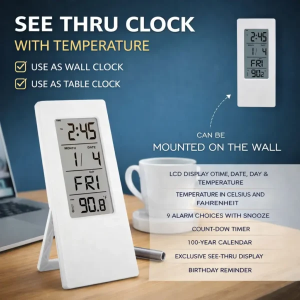 See-Through Digital Clock with Temperature | Wall & Table Mount | Multi-Function Display