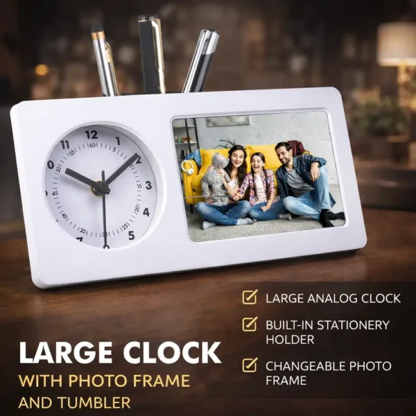Large Analog Clock with Photo Frame & Pen Holder – Multifunction Desk Organizer
