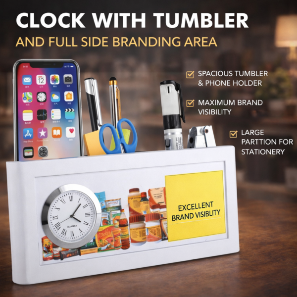 Desk Clock with Tumbler & Full Branding Panel | Pen Holder & Mobile Stand Organizer