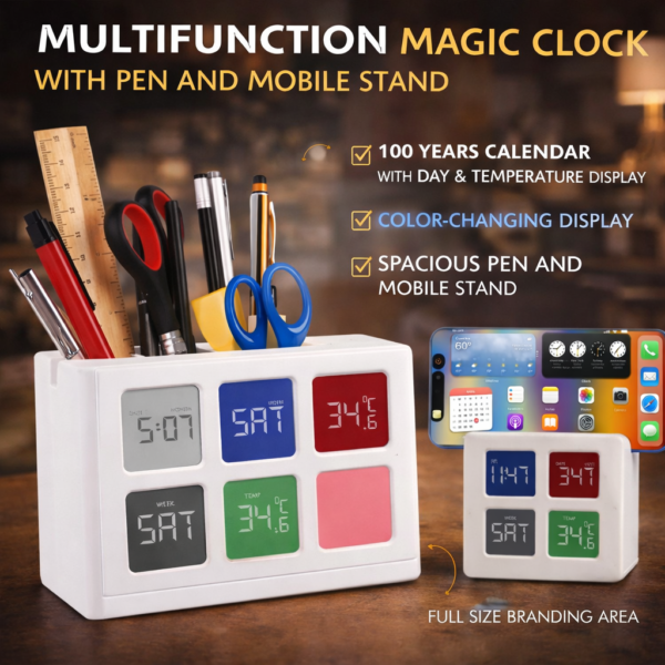 Multifunction Magic Desk Clock with RGB Display | Pen Holder & Mobile Stand Organizer