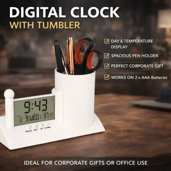 Digital Desk Clock with Pen Holder | Day & Temperature Display | Multi-Utility Tumbler Organizer