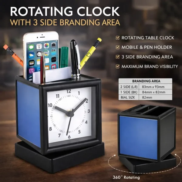 Rotating Table Clock with Triple Branding Space | Multi-Utility Pen Stand & Stationery Holder
