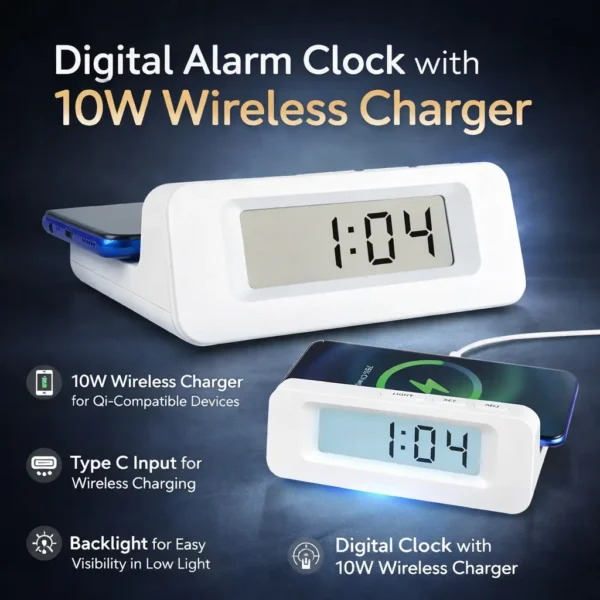 Digital Alarm Clock with 10W Wireless Charger | Type-C Fast Charging | LED Display