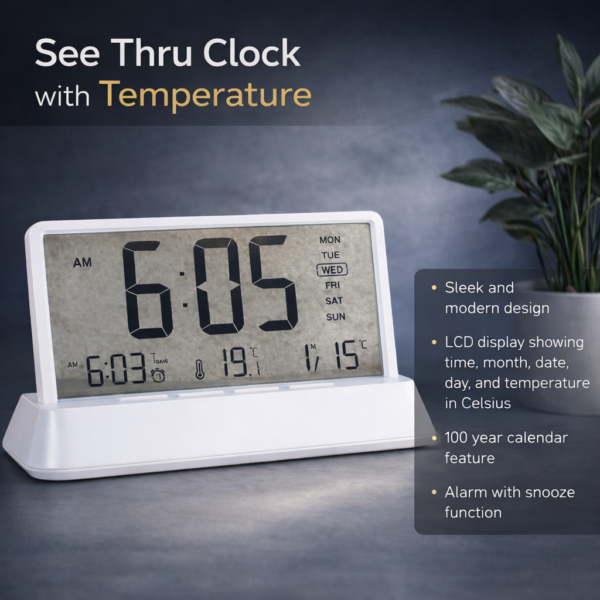 Axis See-Through Digital Clock with Temperature | Modern Transparent Display with Alarm