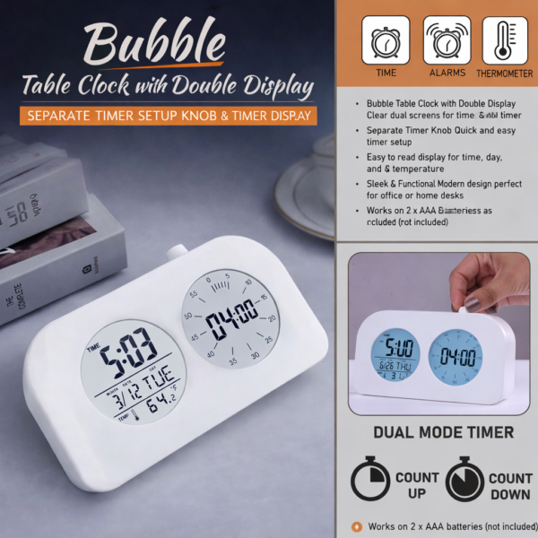 Bubble Dual Display Table Clock with Timer | Separate Timer Knob | Time, Date & Temperature