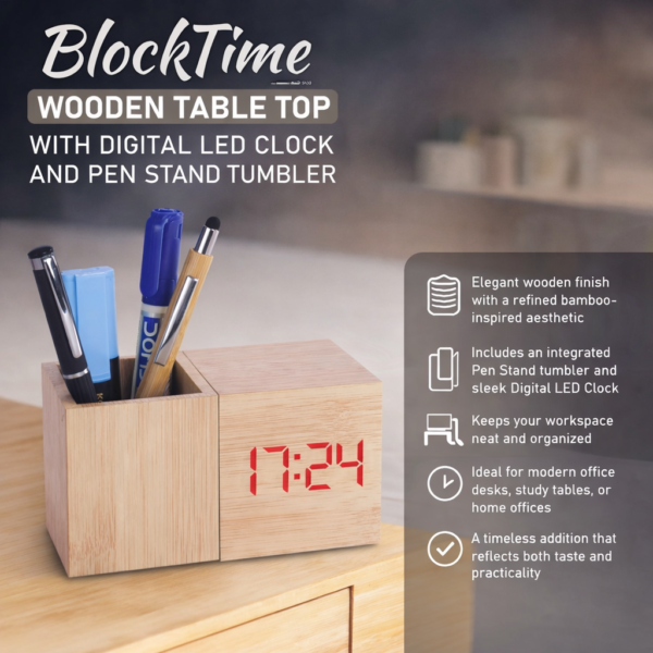 BlockTime Wooden Desk Organizer with LED Clock | Pen Stand & Minimal Table Decor