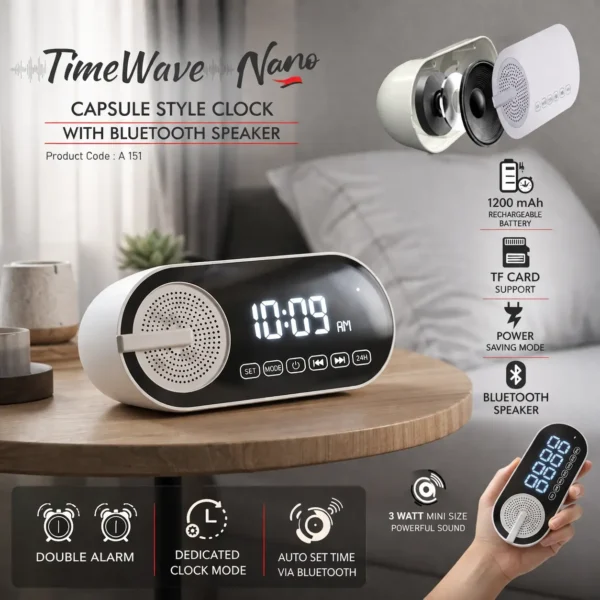 Bluetooth Speaker Alarm Clock with Mirror Display | Capsule Design | FM & TF Card (TimeWave Nano)