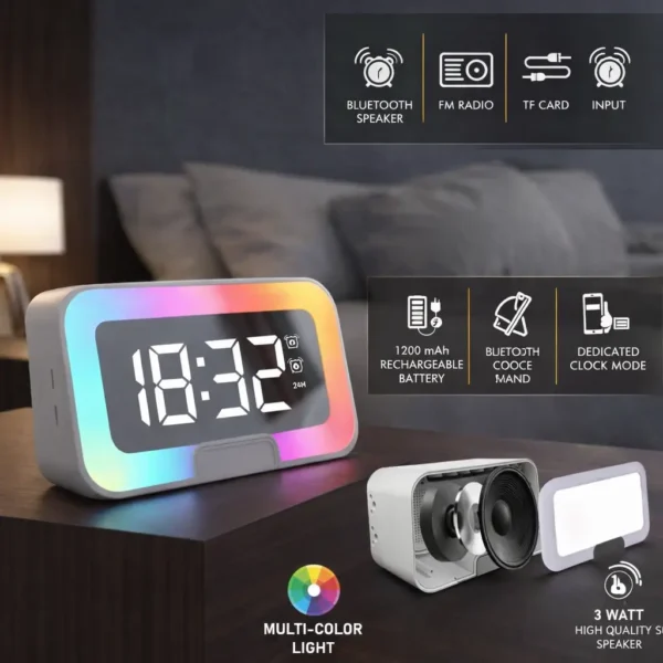 Premium RGB Mirror Clock with Bluetooth Speaker | Mobile Stand | 1200 mAh Battery Backup