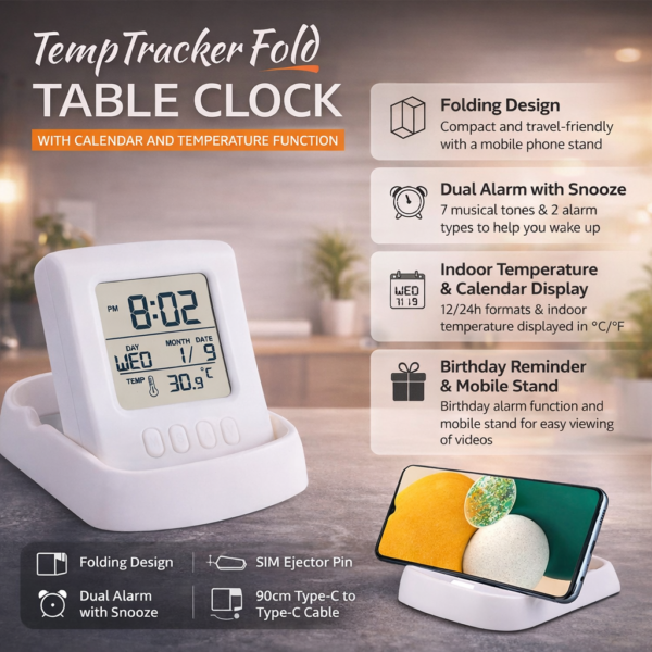 TempTracker Fold Digital Table Clock | Folding Design with Mobile Stand, Calendar & Temperature