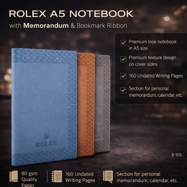 Rolex A5 Premium Notebook with Memorandum Section & Bookmark Ribbon | 160 Pages