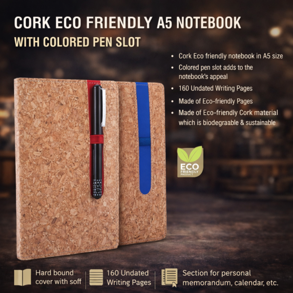 Cork Eco-Friendly A5 Notebook with Pen Holder & Bookmark Ribbon | 160 Pages
