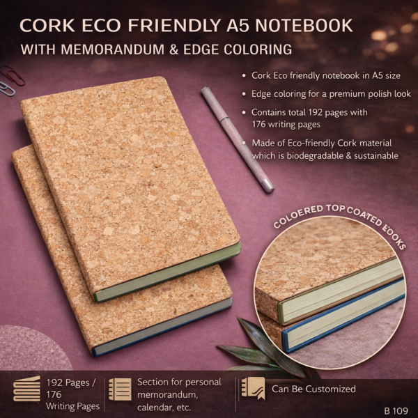 Cork Eco-Friendly A5 Notebook with Edge Coloring & Memorandum Section | 192 Pages