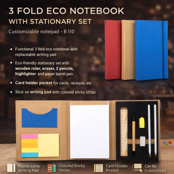 3 Fold Eco Notebook Organizer with Stationery Kit | Customizable Notepad Set