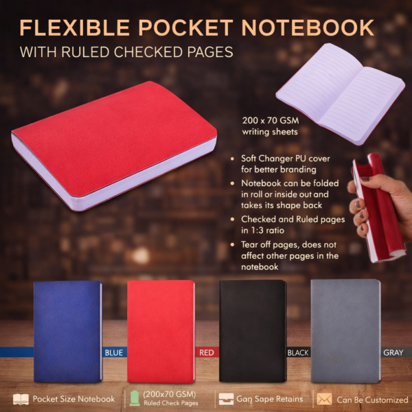 Flexible Pocket Notebook with Ruled & Checked Pages | PU Cover | 200 Sheets