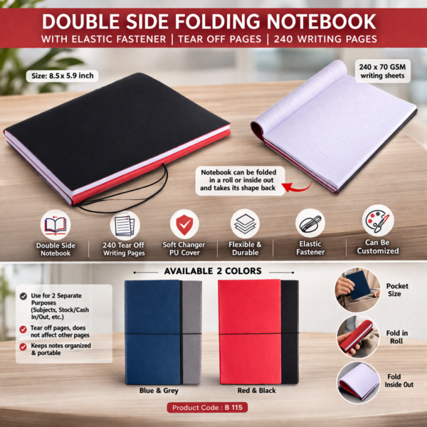 Double Side Folding Notebook with Elastic Fastener | 240 Tear-Off Pages | Flexible PU Cover