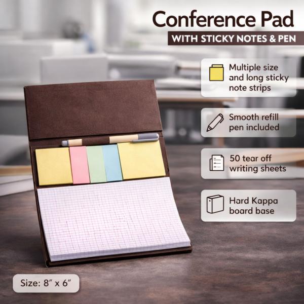 Conference Pad with Sticky Notes & Pen | 50 Tear-Off Sheets | 8" x 6" Organizer