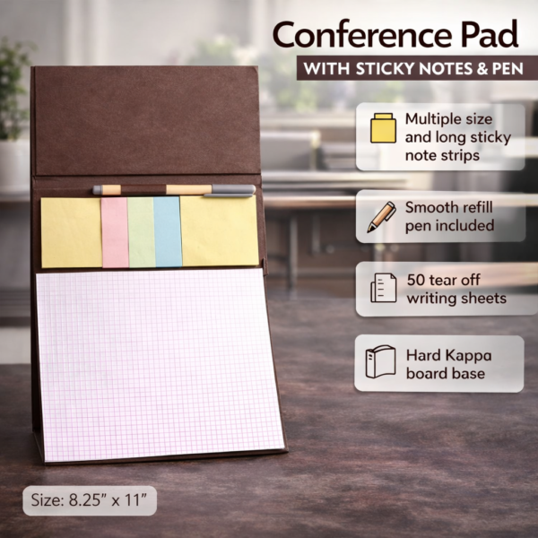 Conference Pad with Sticky Notes & Pen | A4 Size | 50 Tear-Off Sheets