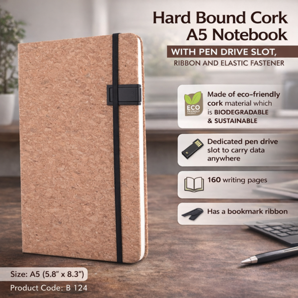 Hard Bound Cork A5 Notebook with Pen Drive Slot | Elastic Fastener & Ribbon | 160 Pages