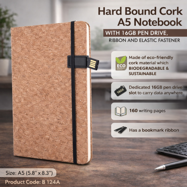 Hard Bound Cork A5 Notebook with 16GB Pen Drive | Elastic Fastener & Ribbon | 160 Pages