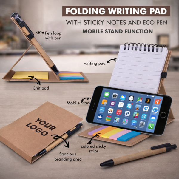 Folding Writing Pad with Sticky Notes & Eco Pen | Mobile Stand Function | Compact Desk Organizer