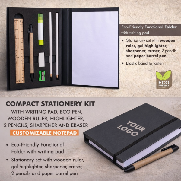 Compact Stationery Kit with Writing Pad | Eco Pen, Wooden Ruler & Accessories | Customizable Notepad