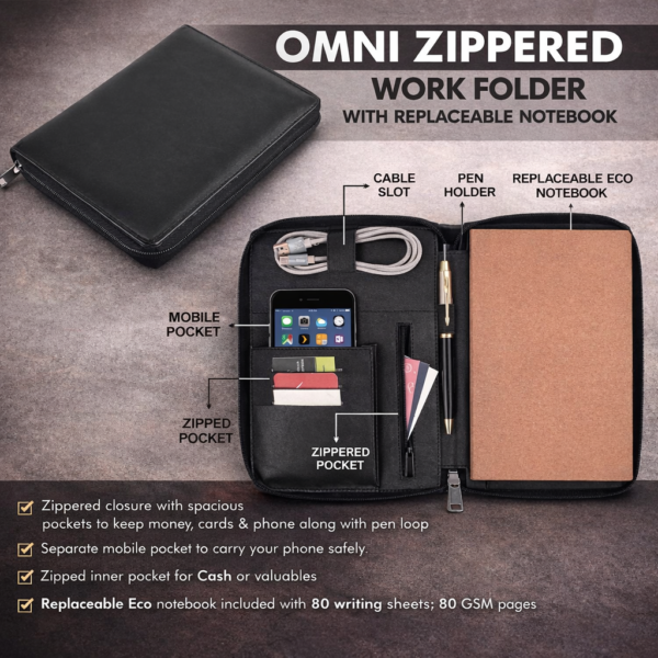 Omni Zippered Work Folder with Notebook | Multi-Pocket Organizer for Phone, Cards, Cables & Accessories